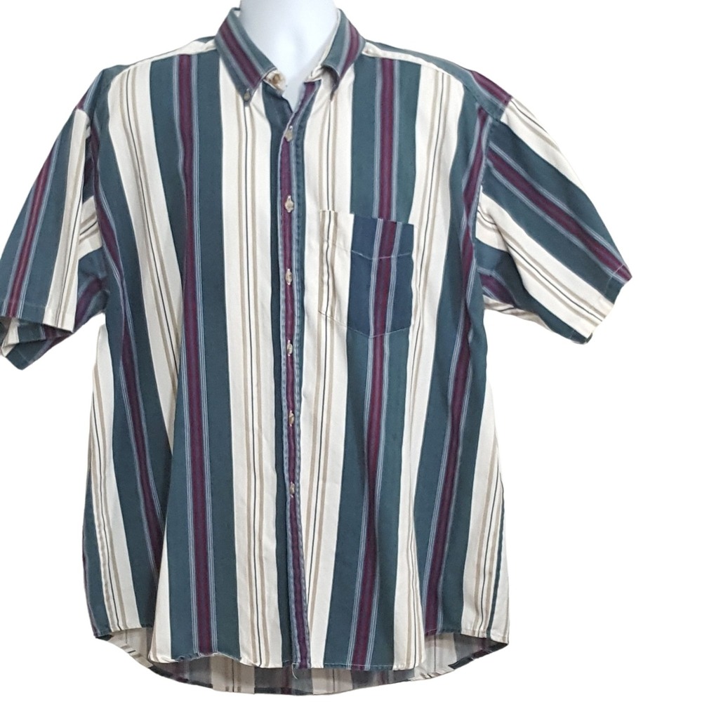 Clear Creek Shirt Mens Vintage Short Sleeve Green White Stripe Twill Fits L
